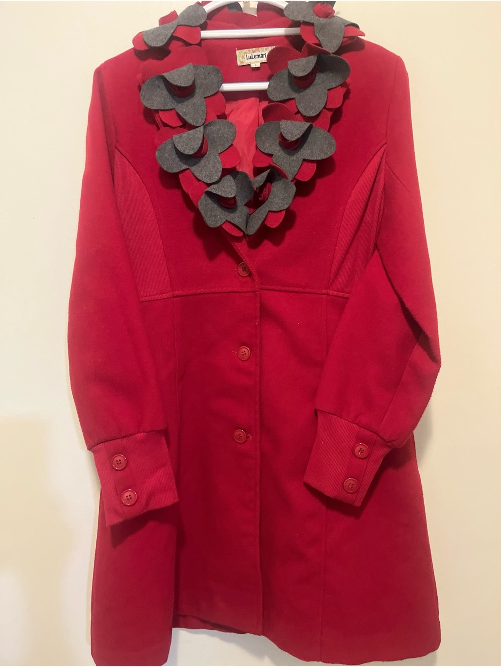 Lulumari Red Long-Sleeve Button Front Dress Coat with Gray Petal Trim